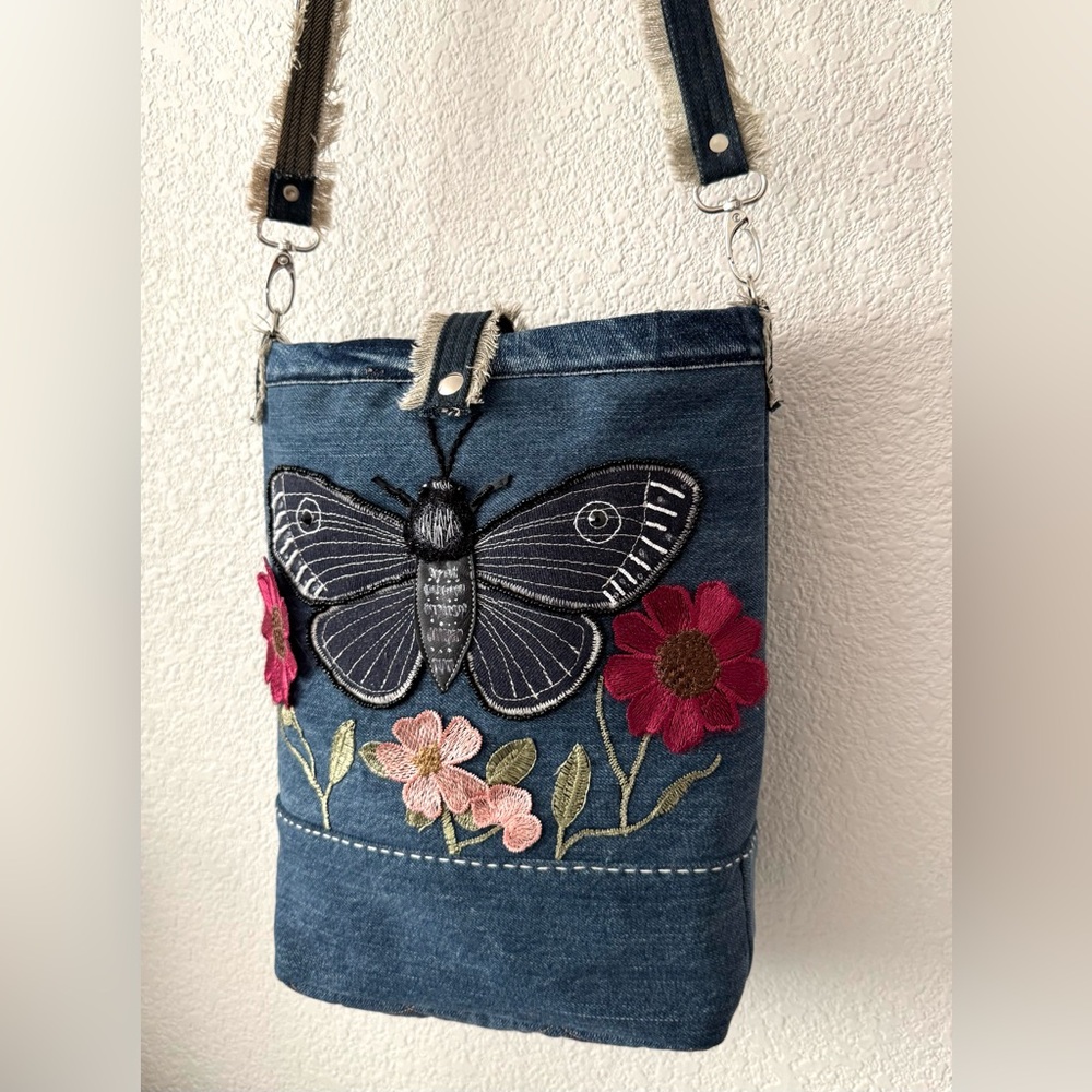 Handmade Denim Crossbody Bag -Handmade Patchwork Moth and Embroidered Flowers